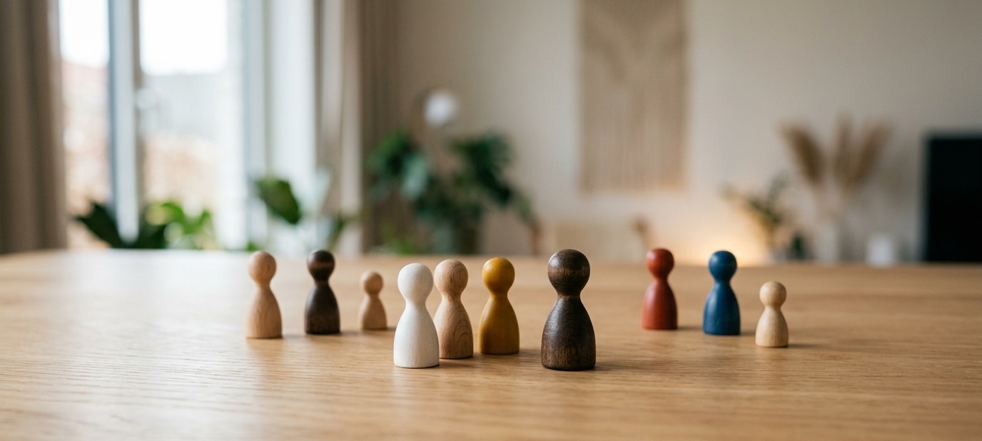 Tafelopstelling met houten figuurtjes op een tafel in een lichte praktijkruimte