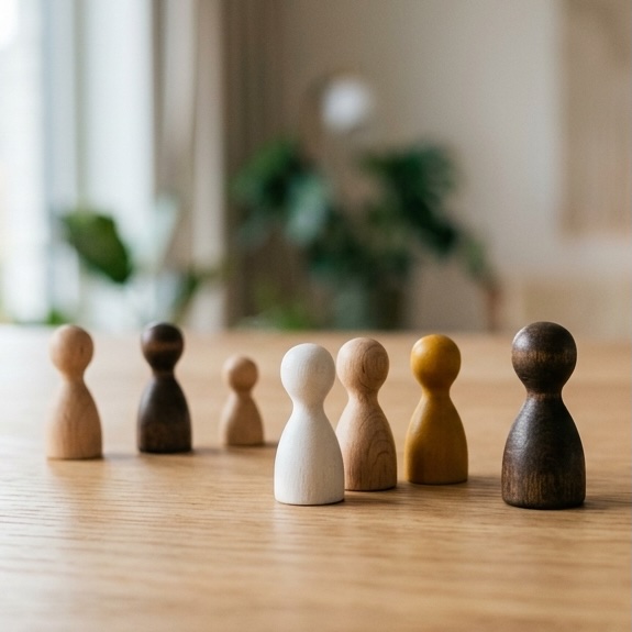 Houten figuurtjes als representanten in een tafelopstelling