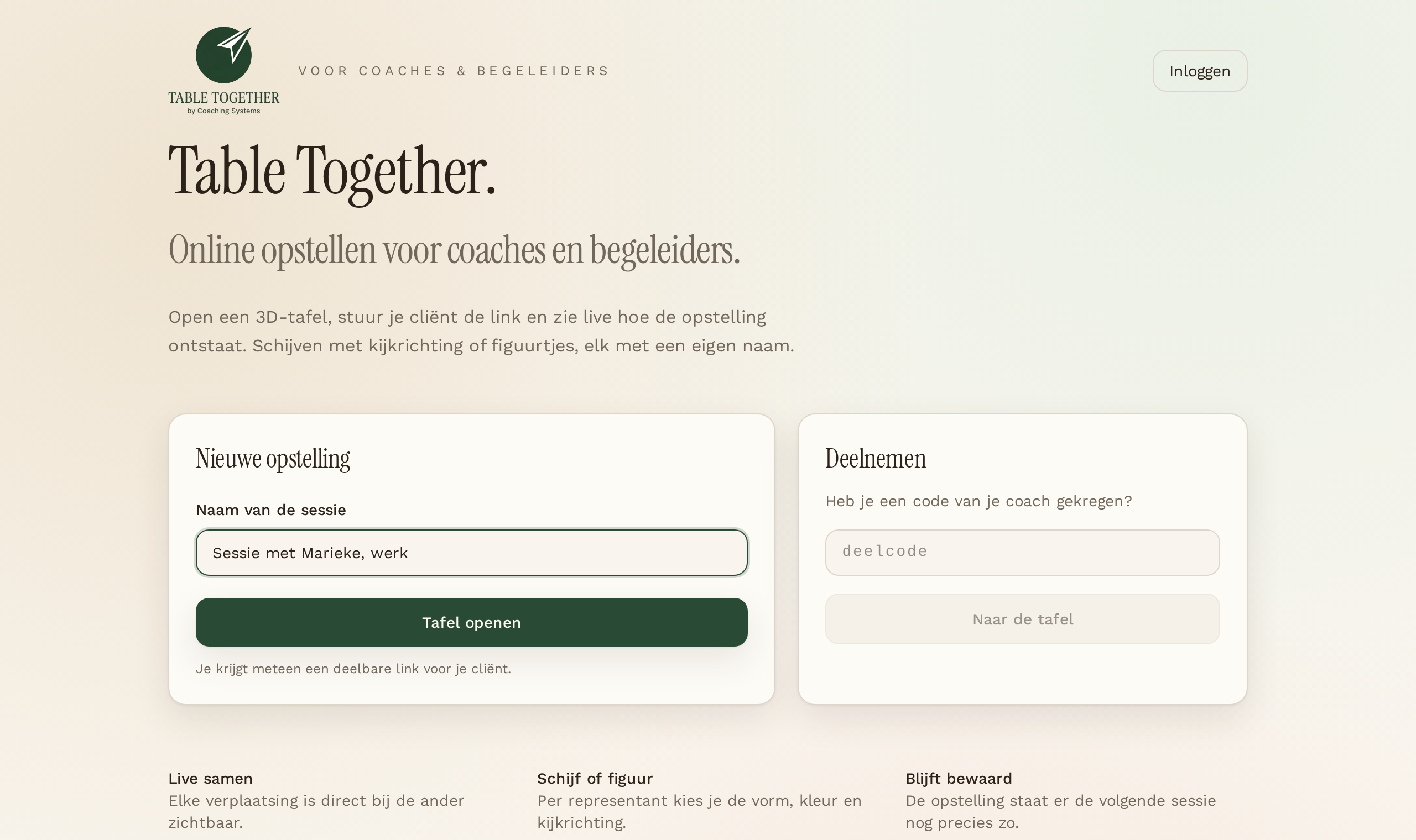 Startscherm van Table Together met het veld voor de sessienaam en het veld om met een deelcode deel te nemen
